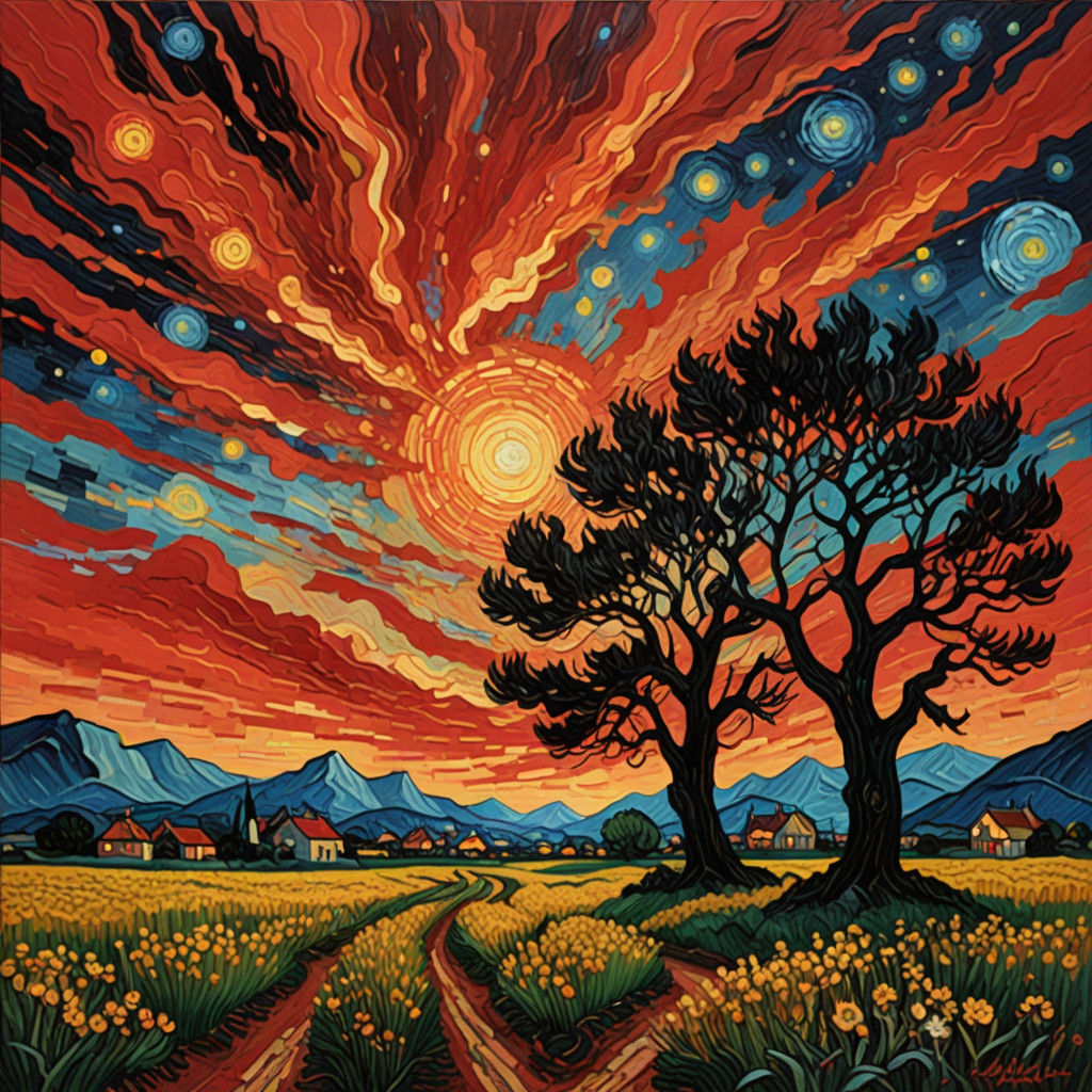 Post-Impressionist Cityscape in a Vibrant Red Sky