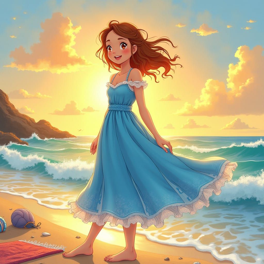 Teenage Girl in Whimsical Beach Dress at Sunset