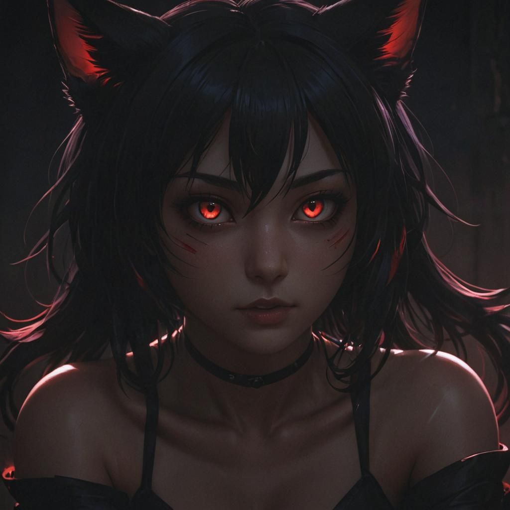 Anime Cat Girl with Glowing Red Eyes