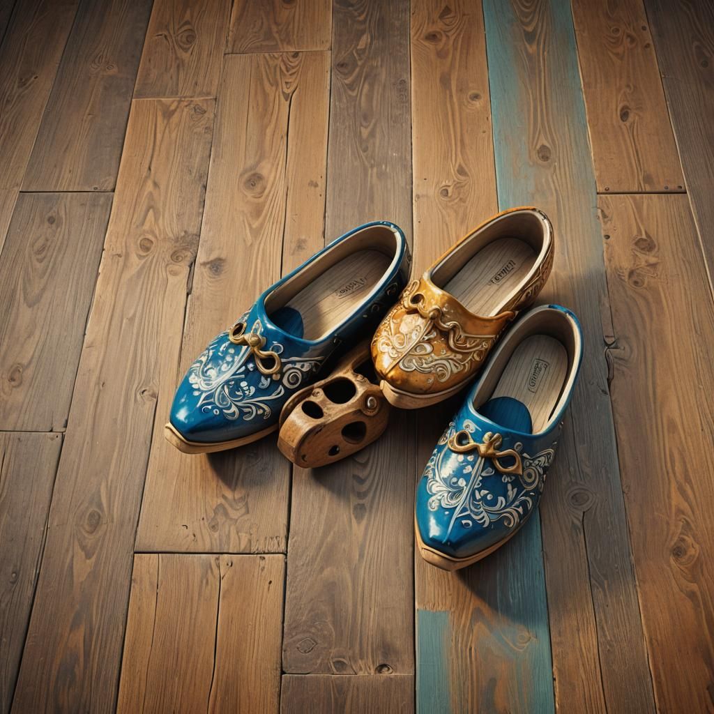 Ornate Delft Wooden Shoes with Golden Lighting