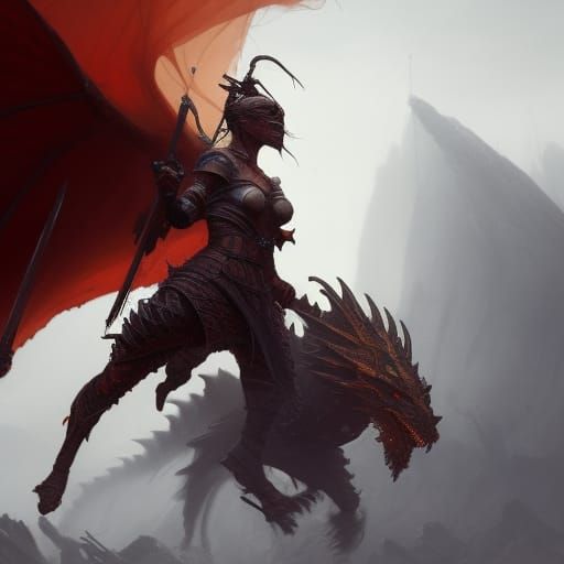 Epic Female Warrior on Dragon, Dark Fantasy Art
