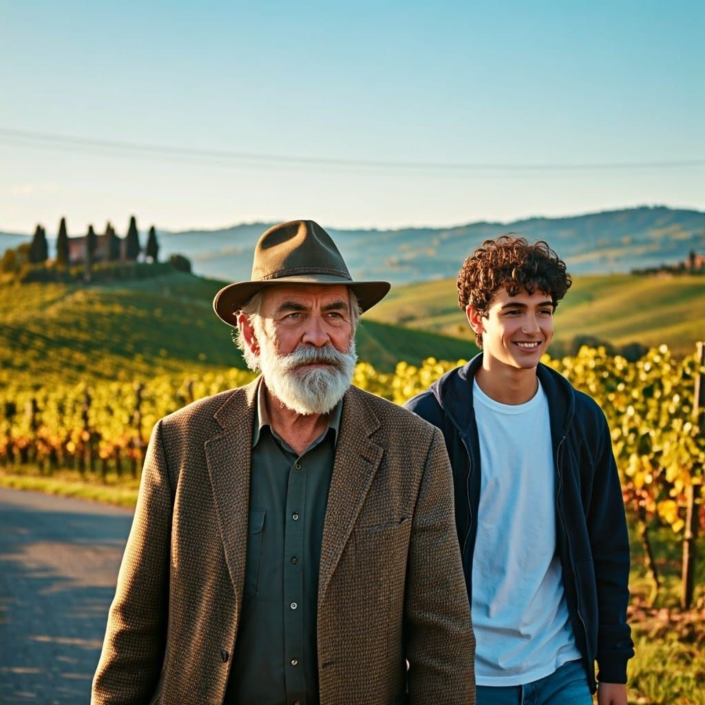Italian Men Strolling Through Vineyard Landscape