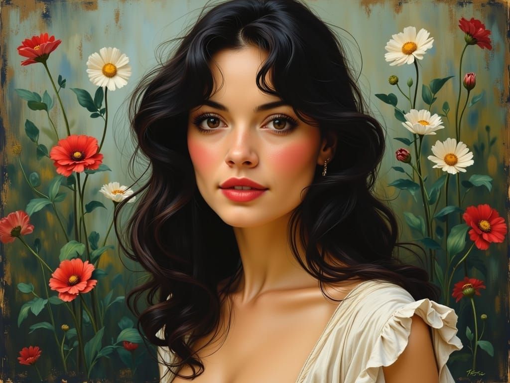 Woman in Flower Garden, Hyperrealistic Oil Painting