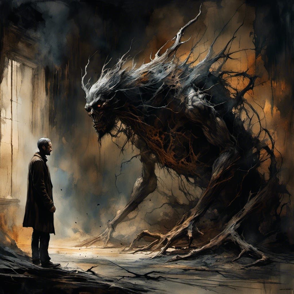 Man Confronts Monster in Smoky Room: Cinematic Art