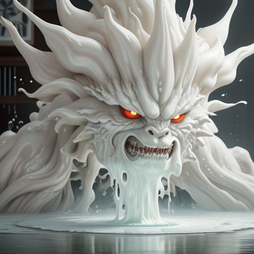 Milk Monster Attacks Dim Kitchen in Anime Style