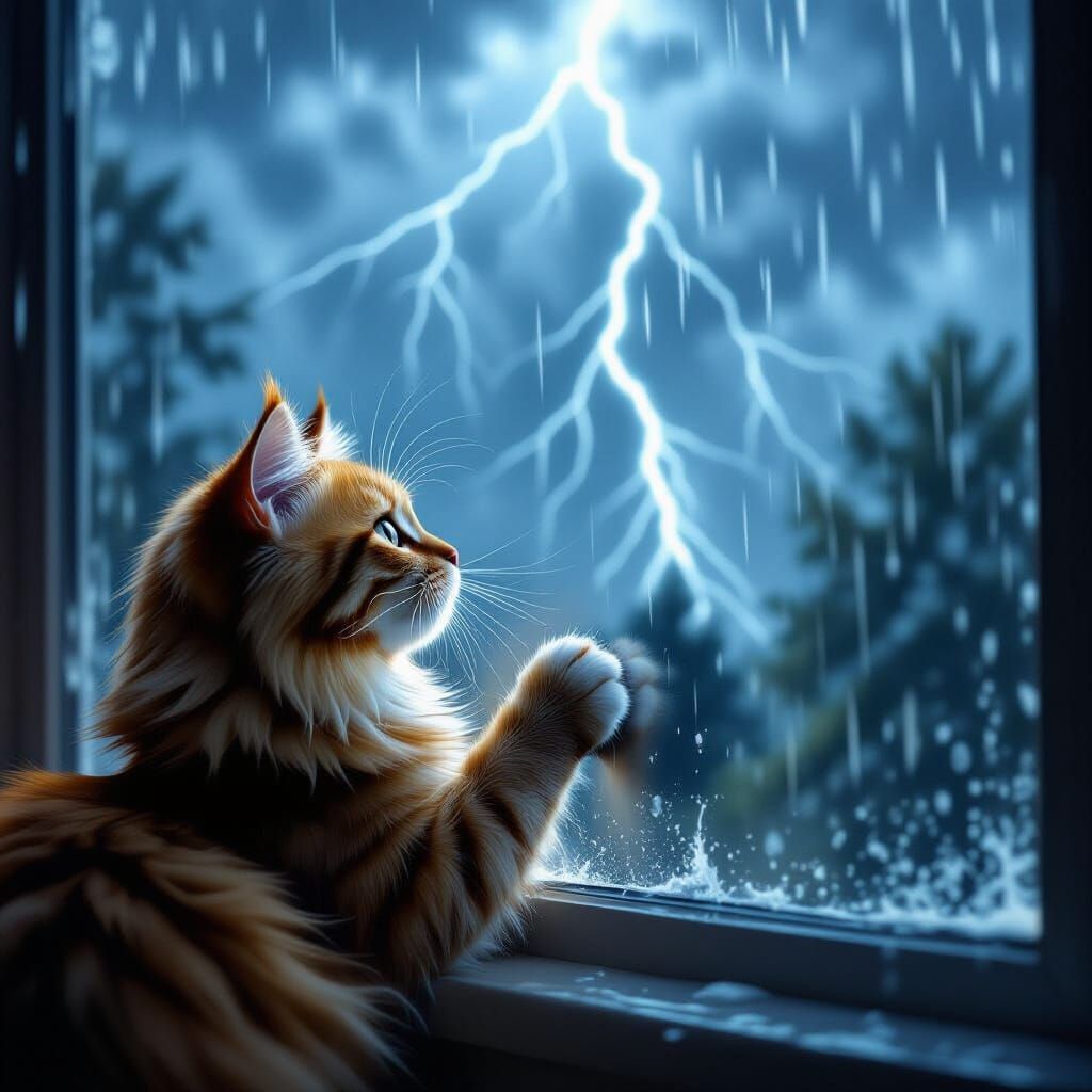 Ginger Cat Watches Storm Through Rain-Splattered Window