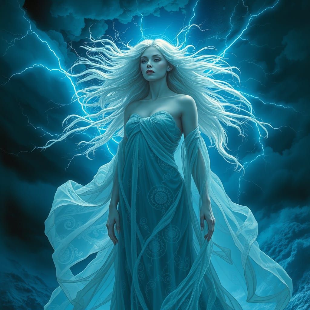 Ethereal Goddess in Turbulent Stormy Sky