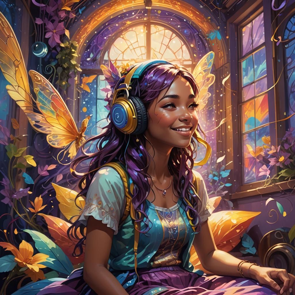 Fantasy Fairy Girl Listening to Music Art Nouveau