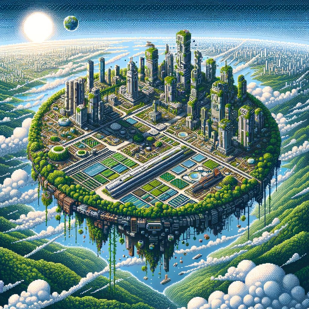 Green Floating City in 8-Bit Pixel Art