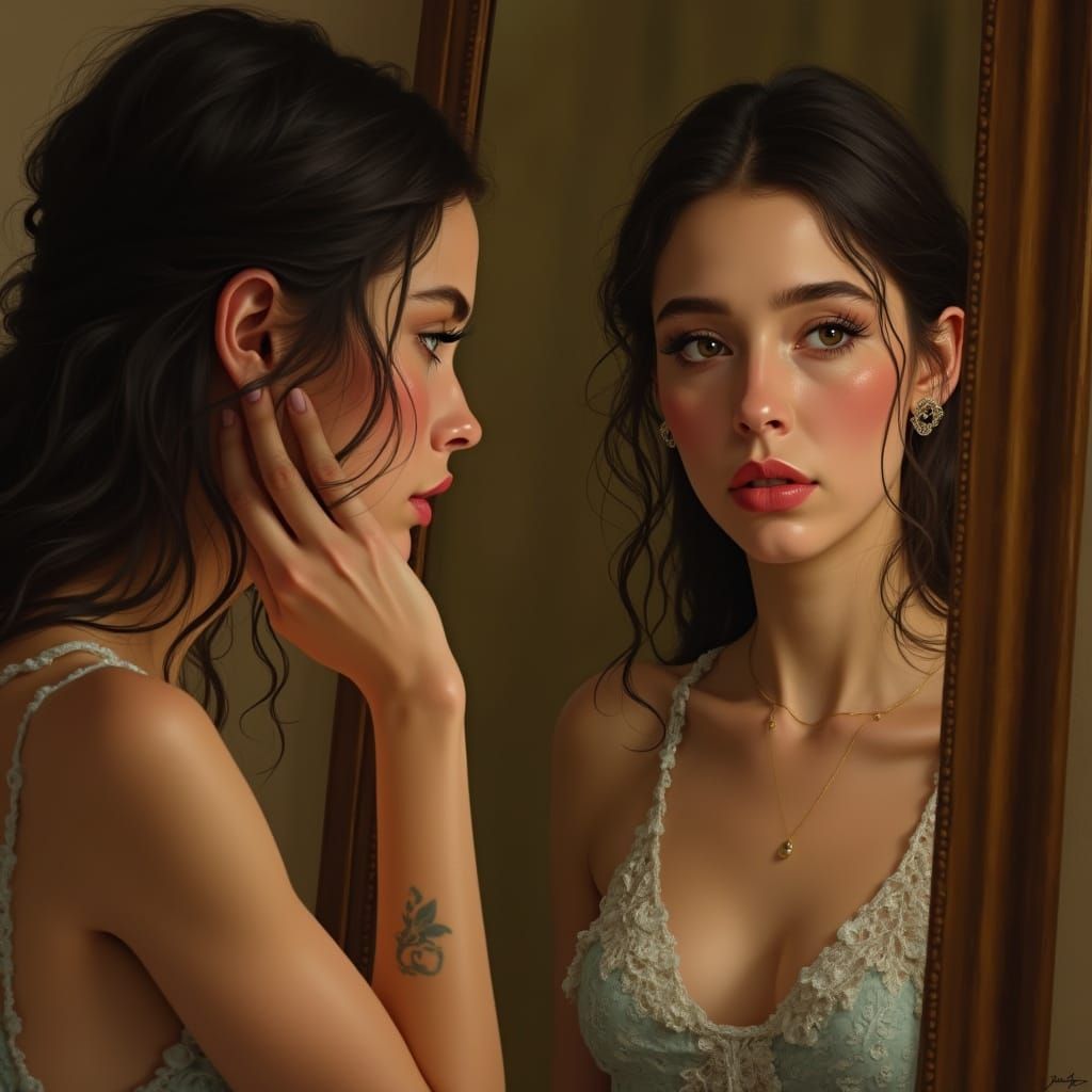 Woman Gazes Contemplatively Into Mirror with Soft Lighting
