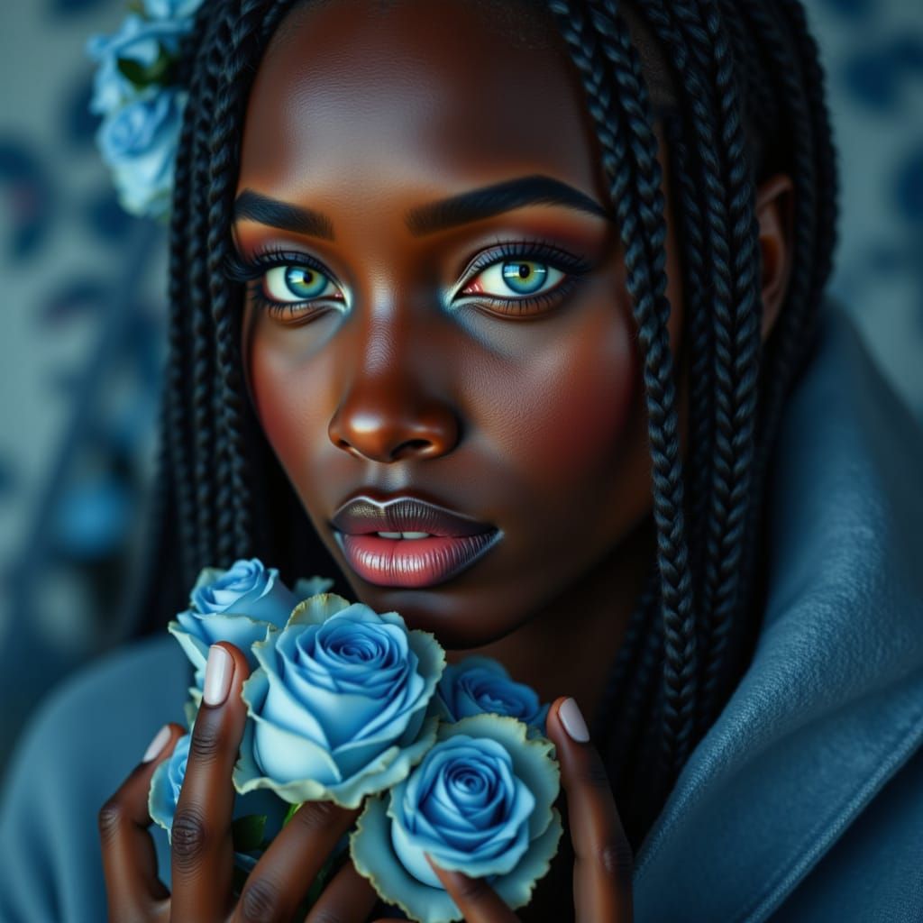 African Maiden with Light Blue Eyes and Roses