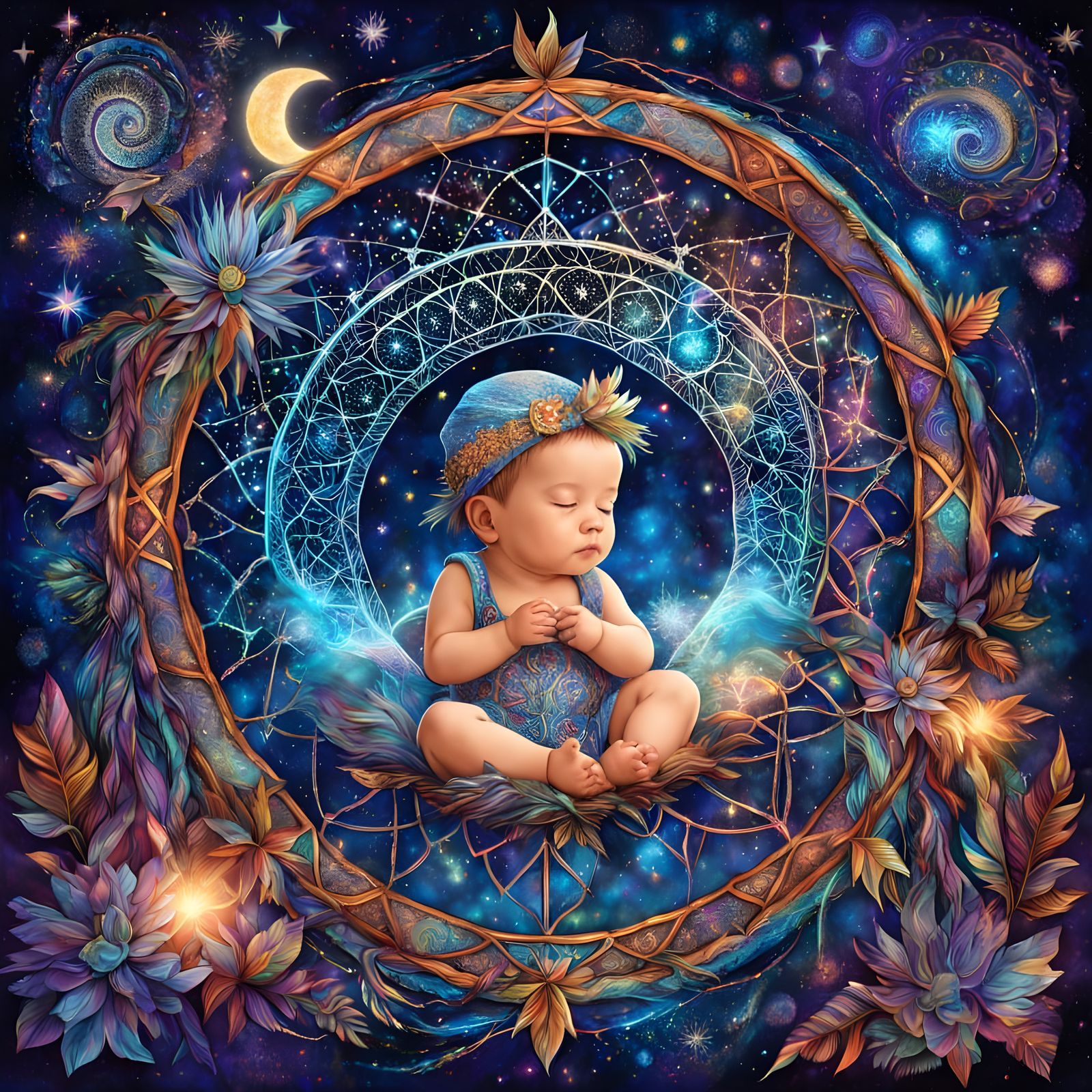 Baby Boy Slumbers on the Crescent Moon in a Whimsical Dreamw...