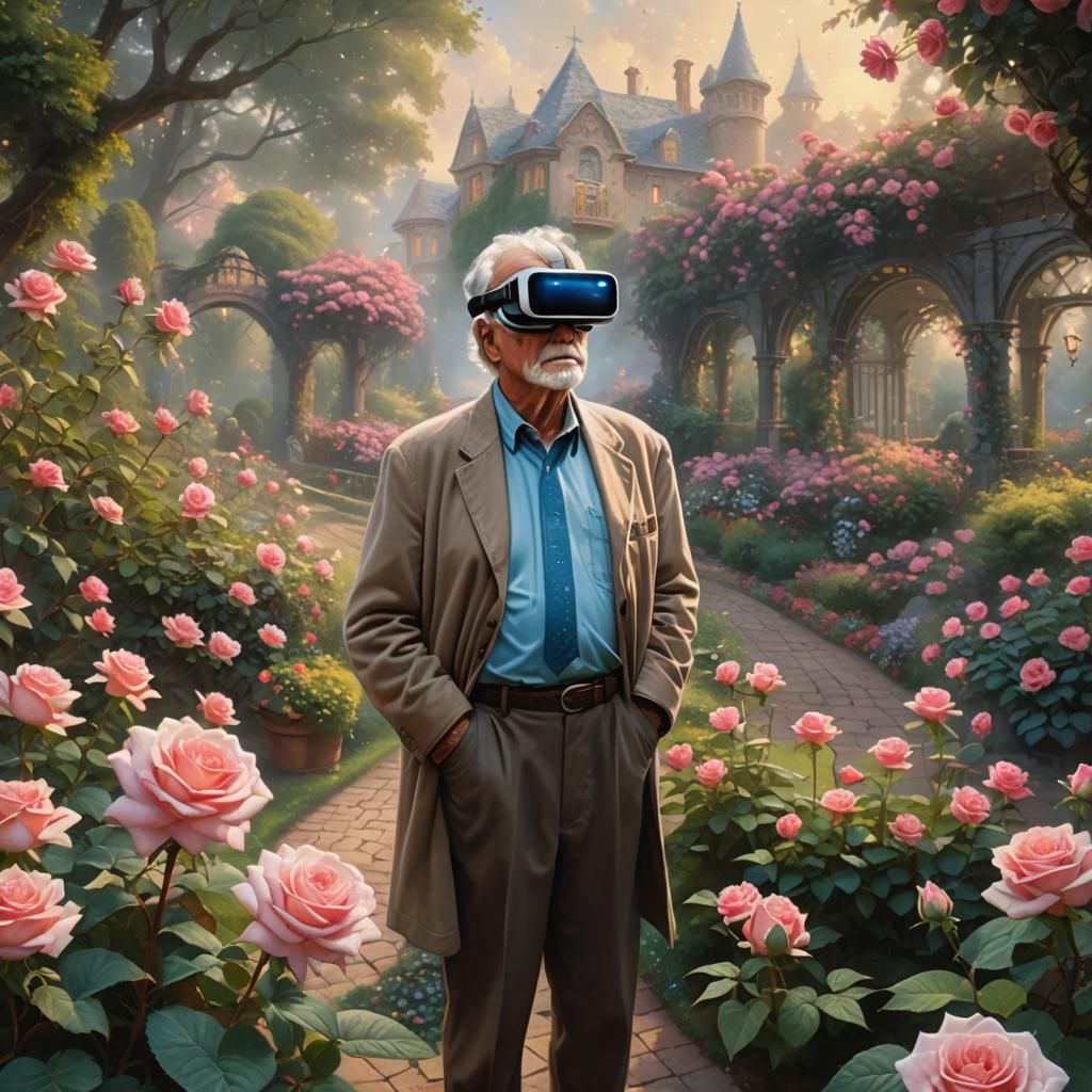 Elderly Man's VR Rose Garden: Kinkade-esque Fantasy