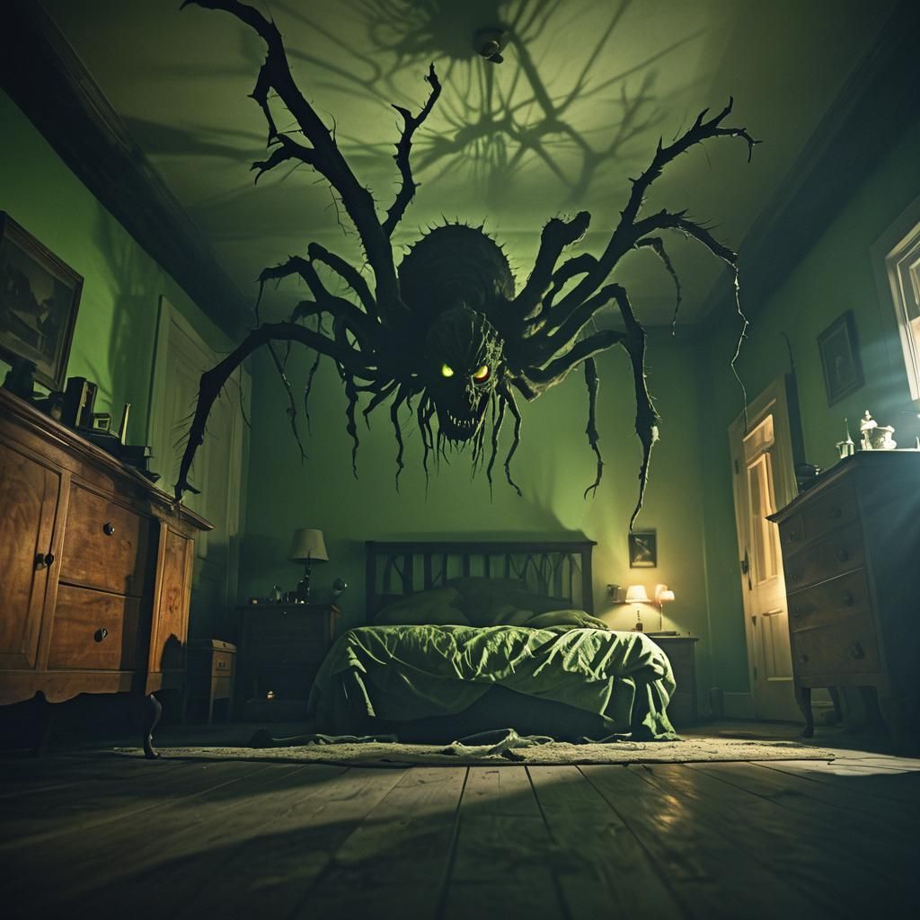 Terrifying Creature Lurking Under Bed in Dark Surrealism
