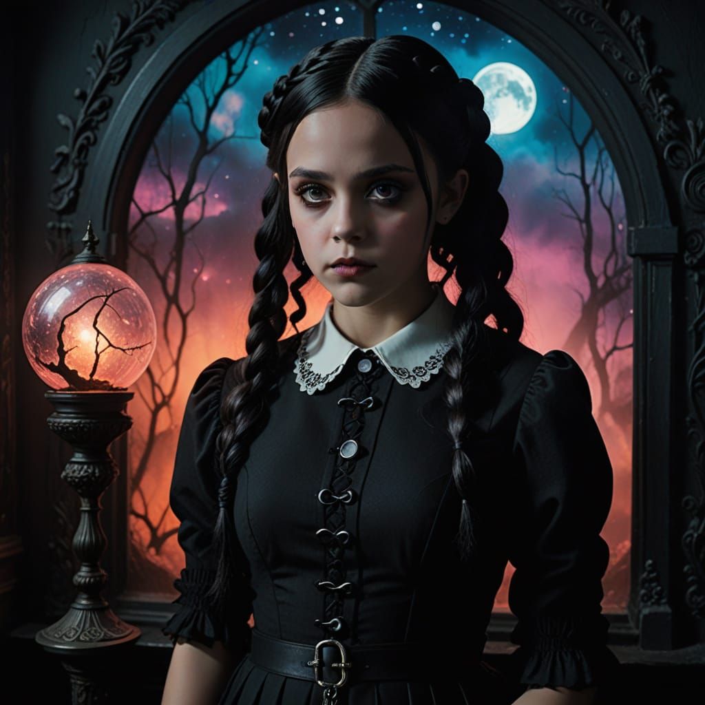 Ethereal Wednesday Addams in Moody Gothic Splendor