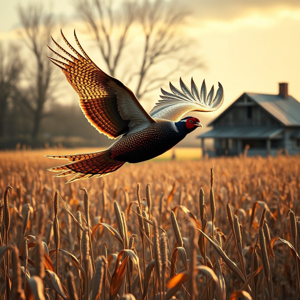 Majestic Pheasant Soars Above Golden Fall Landscape