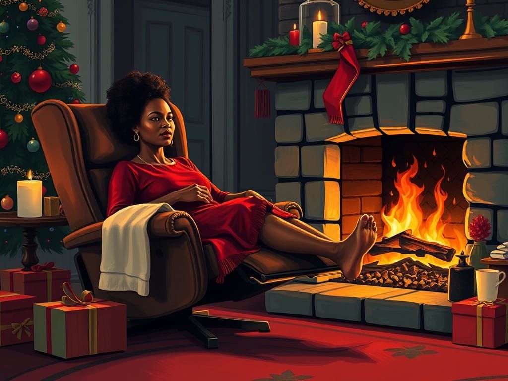 Woman by Christmas Fireplace in Vibrant Abstract Art