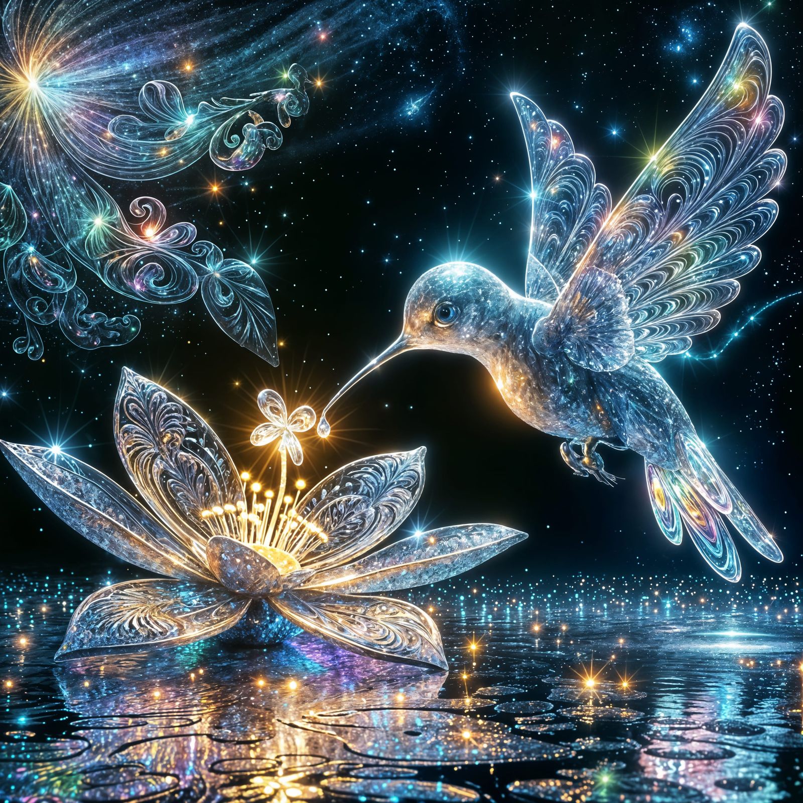 Luminescent Glass Hummingbird Sipping Nectar