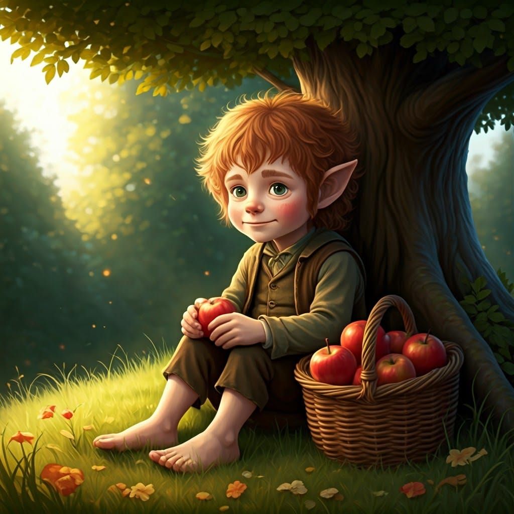 Hobbit with Apples in Hague Style Illustration