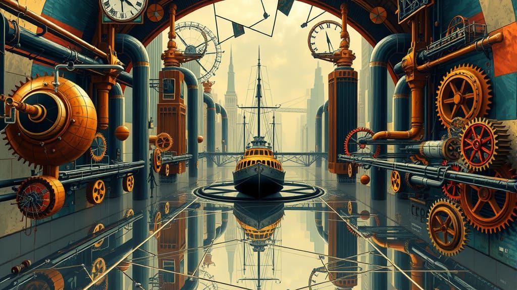 Steampunk Cityscape Reflected in Shattered Mirror