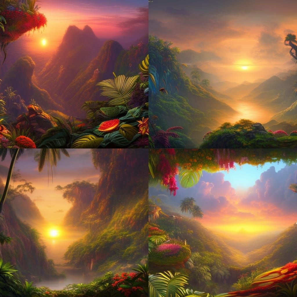 Tropical Mountain Sunrise in Hyper-Realistic Style