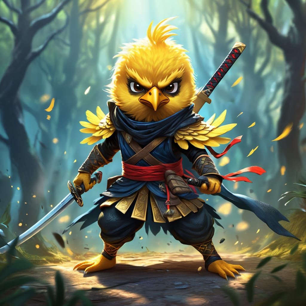 Angry Ninja Chick in Mystical Forest: Fantasy Illustration