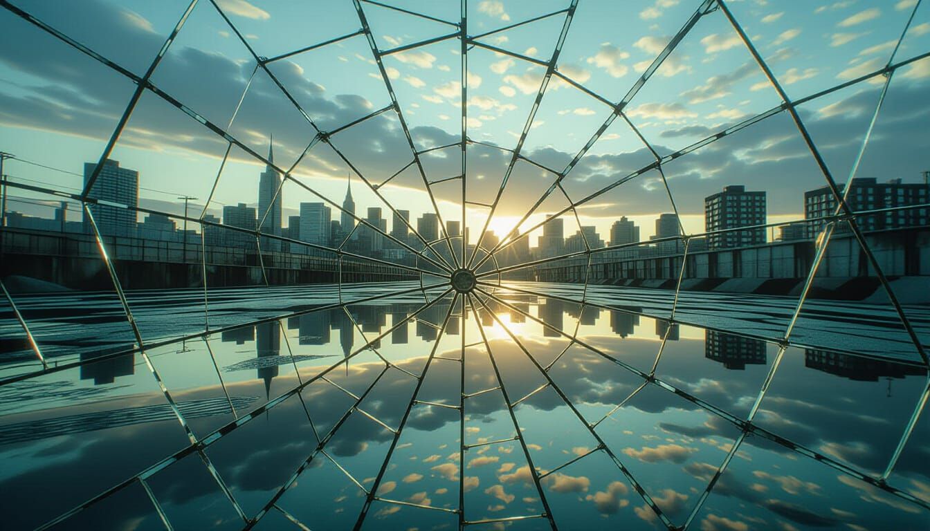 Desolate Cityscape Reflected in Shattered Glass