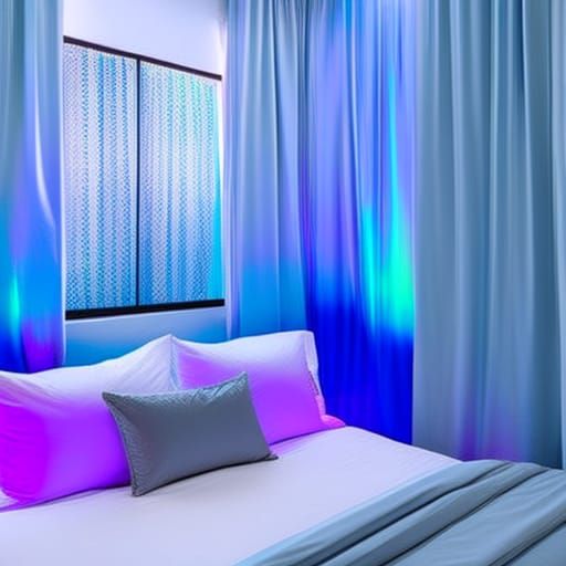 Ethereal iridescent white bedroom with iridescent blue accents& ethereal iridescent blue windows with iridescent purple ...