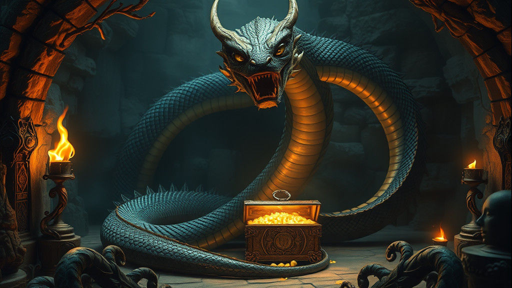 Multi-Headed Serpent Guarding Treasure in Mystical Chamber