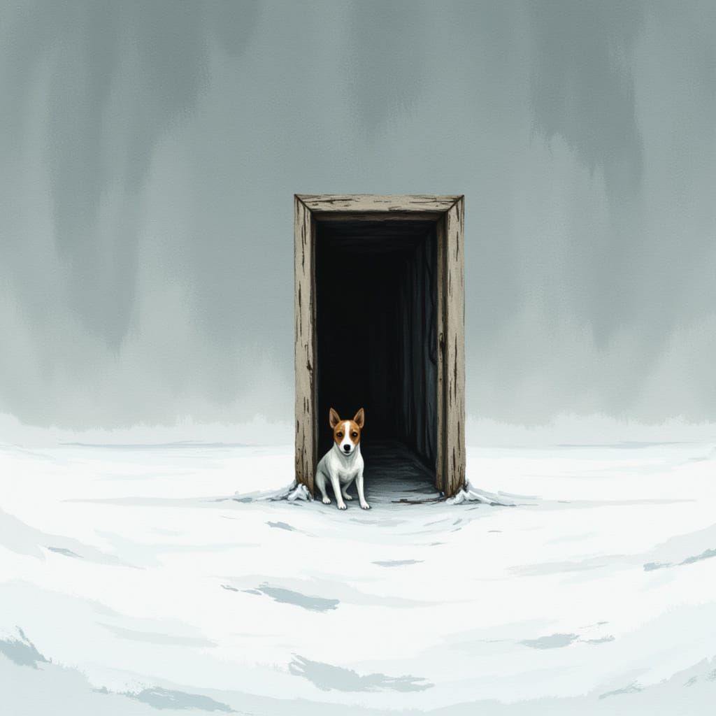 Surprised Terrier at Decaying Door in Snowy Rothko-Inspired ...