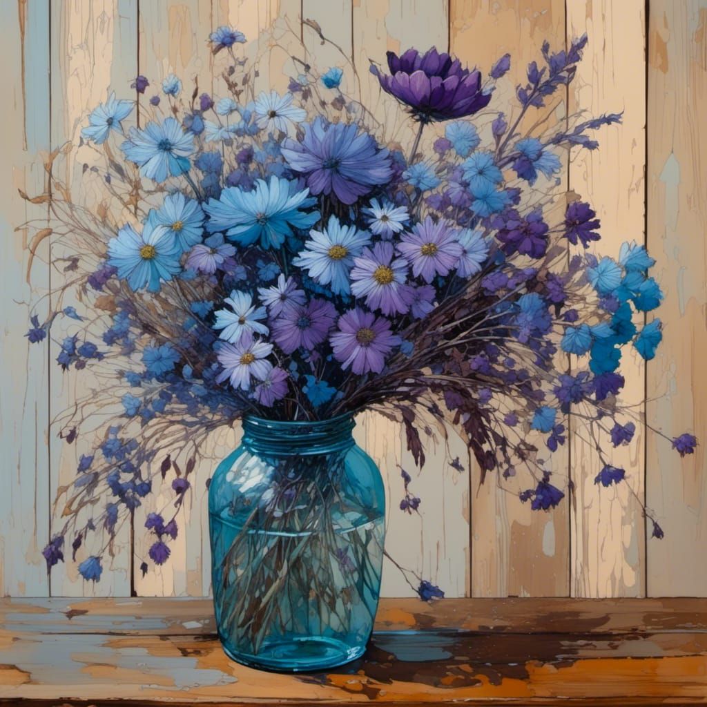 Wildflower Bouquet on Rustic Table as Impressionist Art