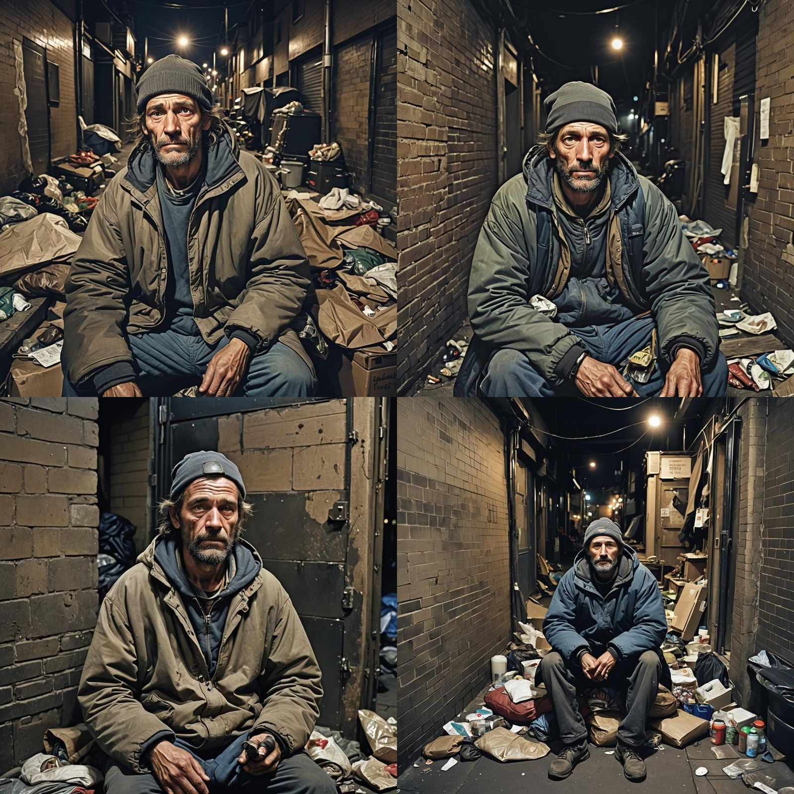 Homeless Man in Dark Alleyway at Night