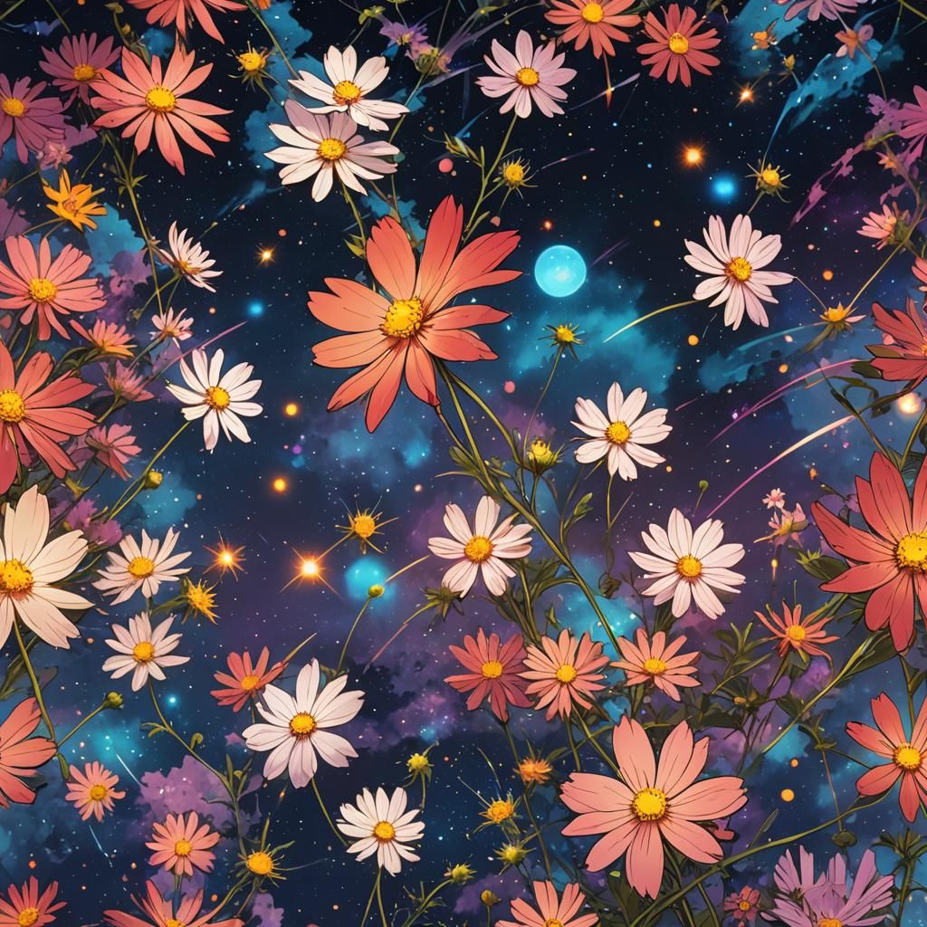 Anime Style Cosmos Flower, Cel-Shaded Art