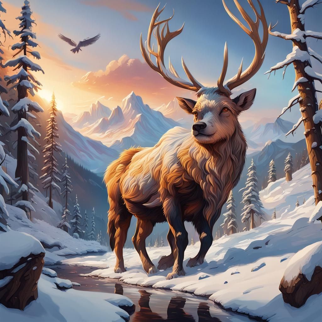 Winter Forest Sunset with Animals in Hyperrealistic Style