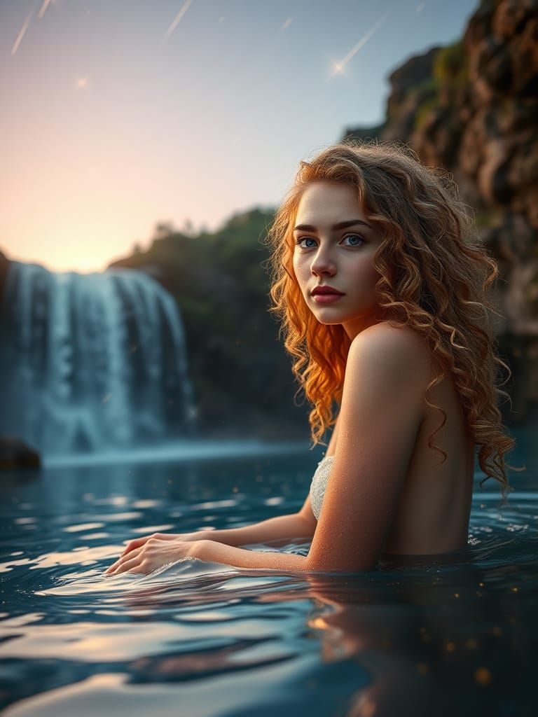 Ethereal Woman by Waterfall Under Shooting Stars