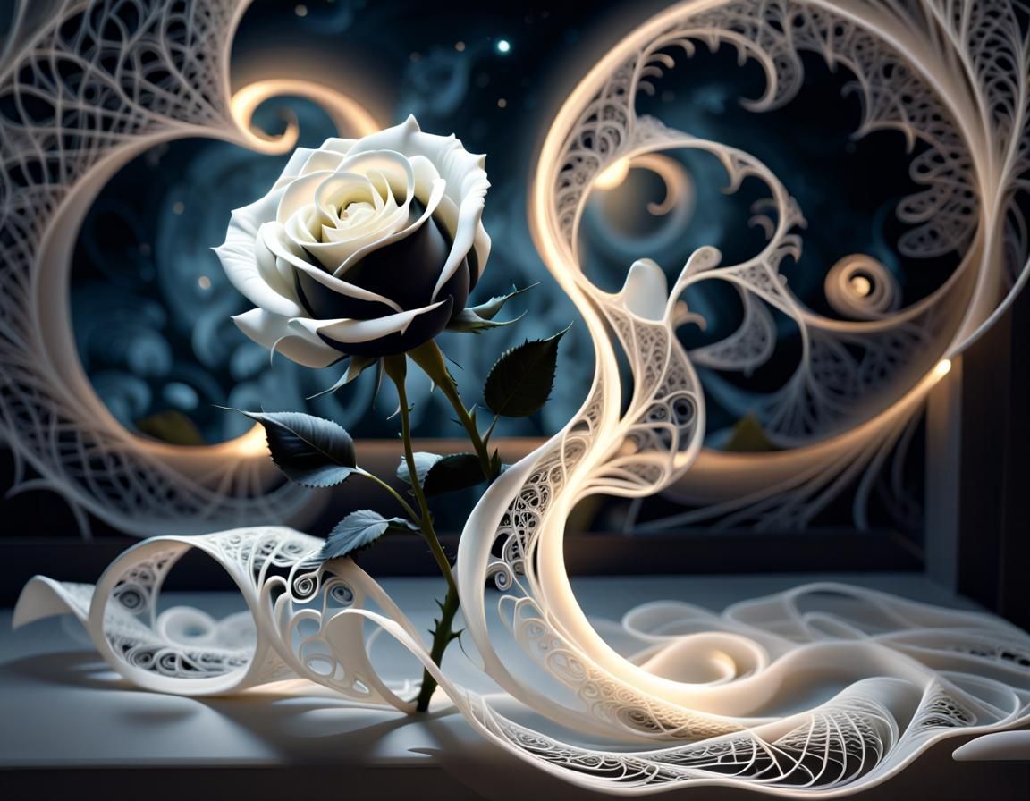 White and Black Roses in Moonlight