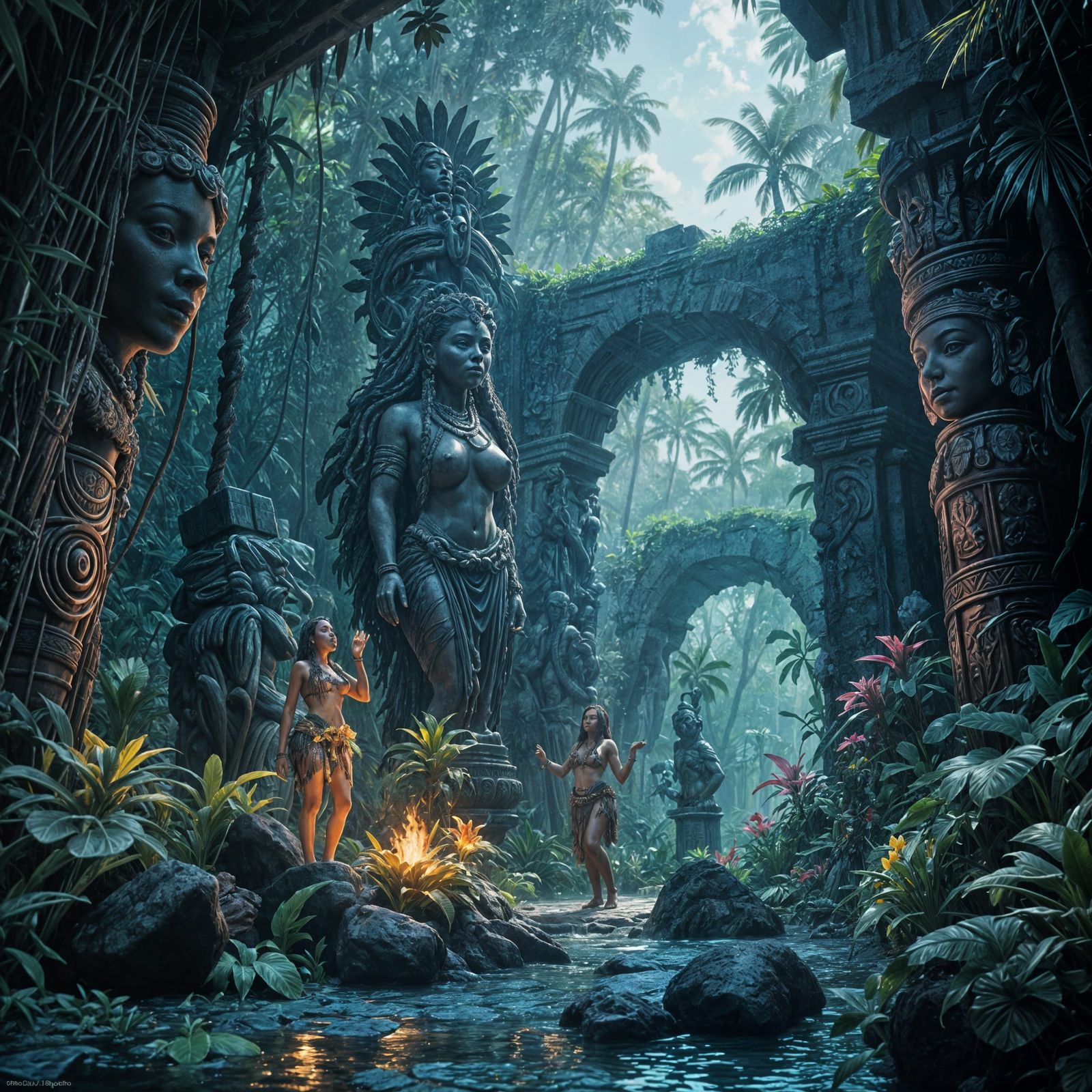 Exotic Hula Girl and Tiki Idol: Dark Fantasy Art