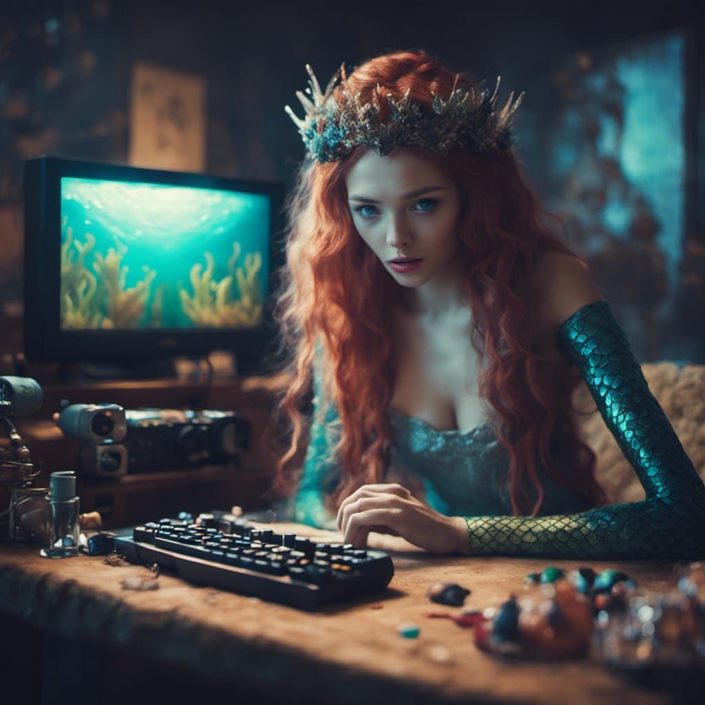 Mermaid Gamer in Detailed Underwater Scene