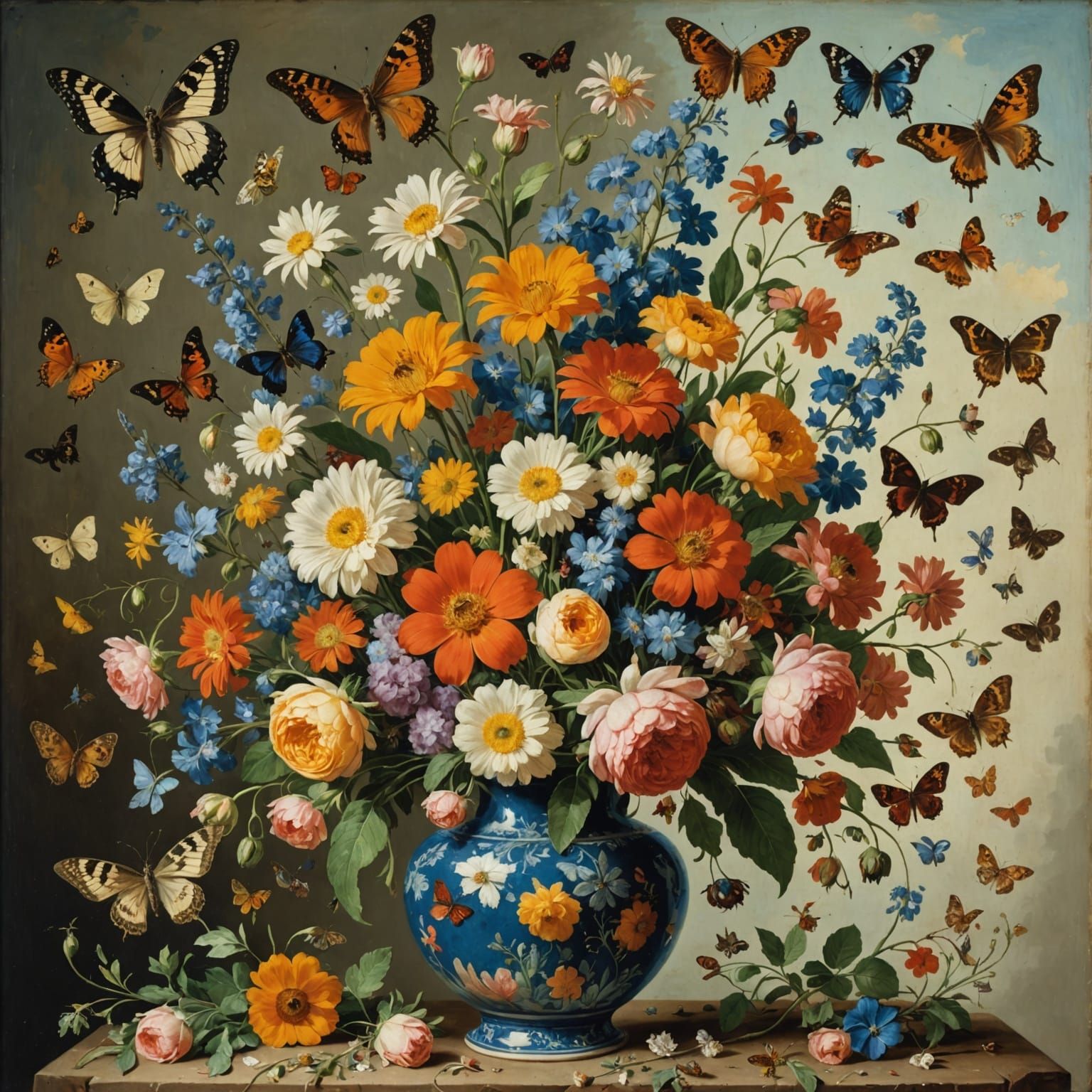 Lush Floral Still Life with Butterflies and Bees in Van Huys...