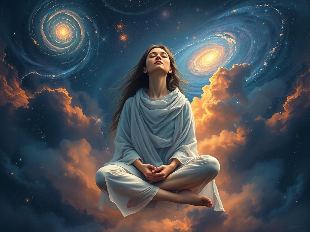 Ethereal Woman Meditating in Swirling Galaxy