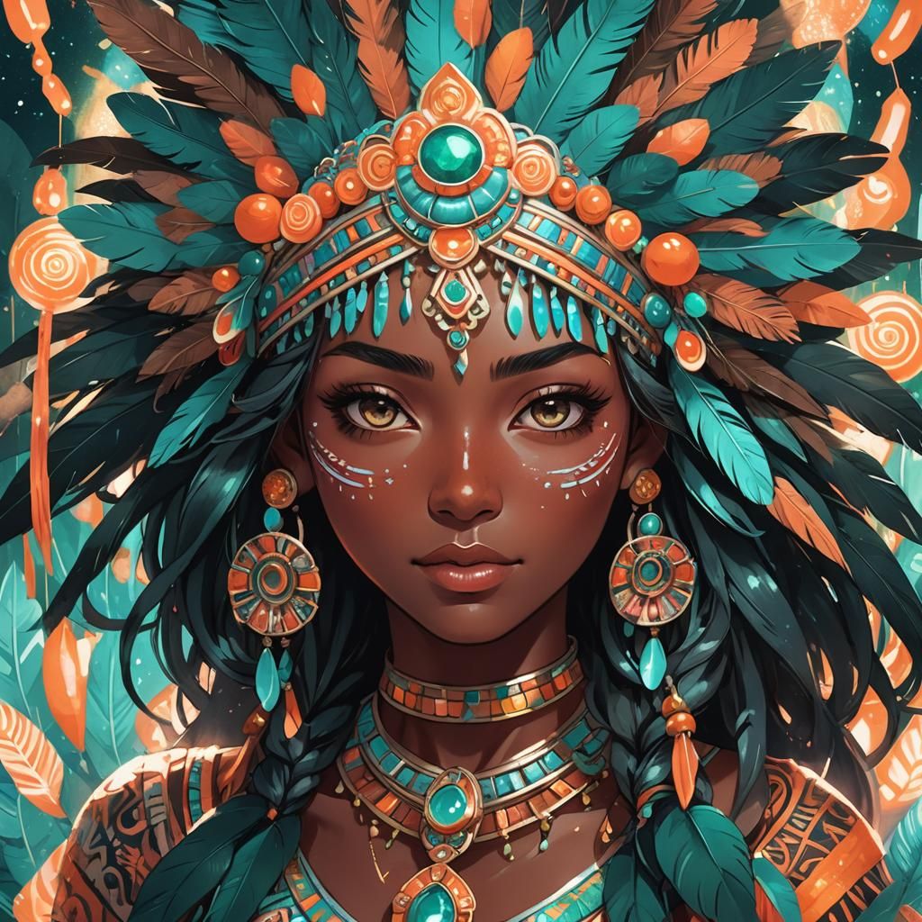 Vibrant Anime Portrait of Mexicana Girl in Aztec Headdress