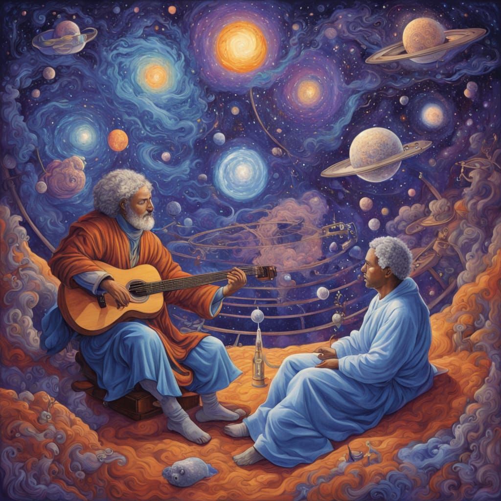 Robot Monks Play Music on Spaceship in Cosmic Art Style