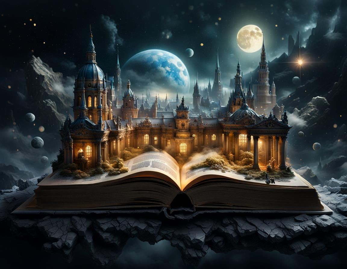 Miniature City Emerges from Book at Night