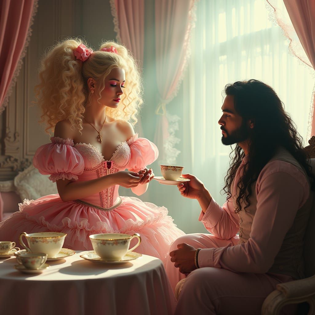 Vintage Mafia Goddess Serves Tea in a Whimsical Setting