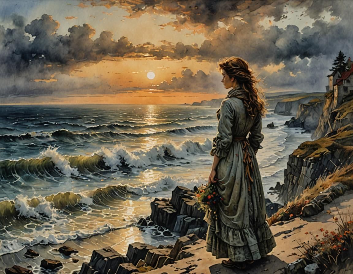 Melancholy Woman Gazing at Sunset in Watercolor Style