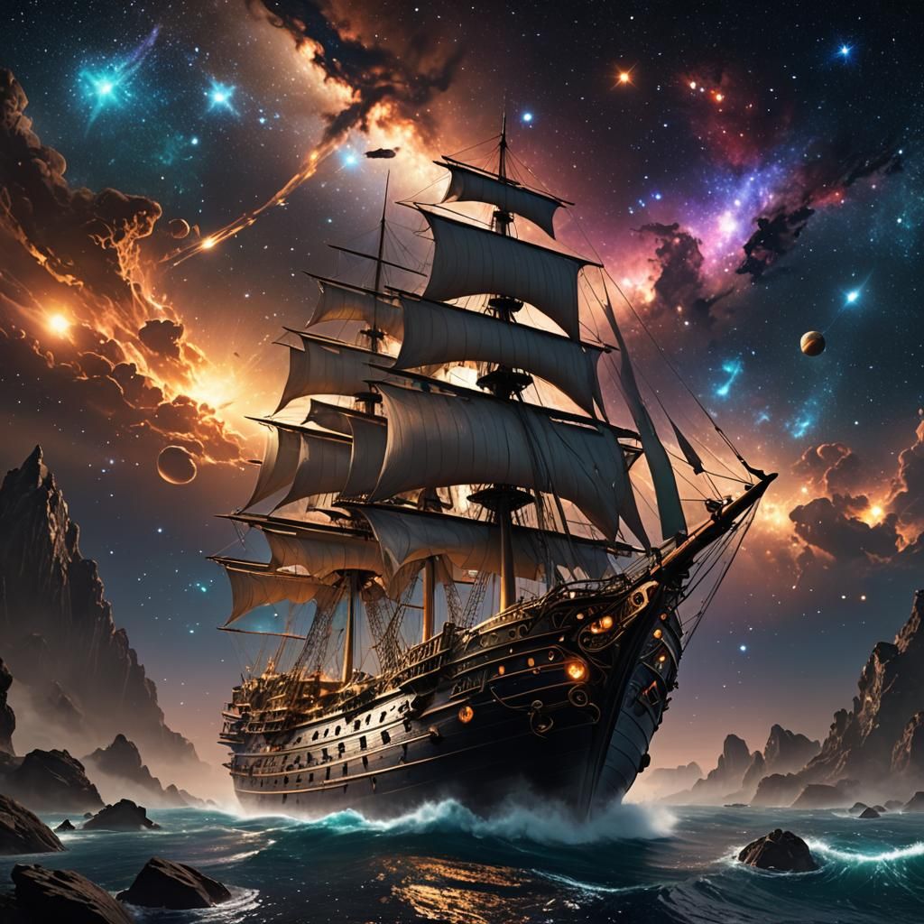 Ship Sails Through Galaxy of Wonders: Digital Art