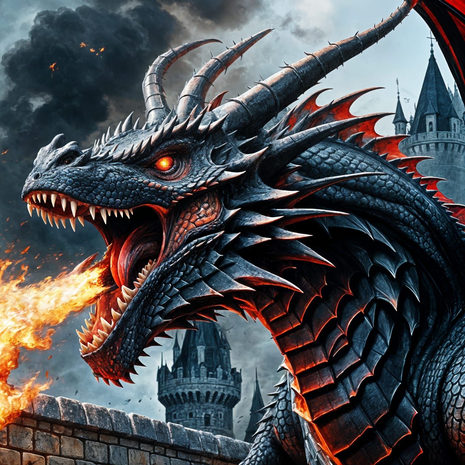 Fearsome Black Dragon Breathing Fire Oil Painting