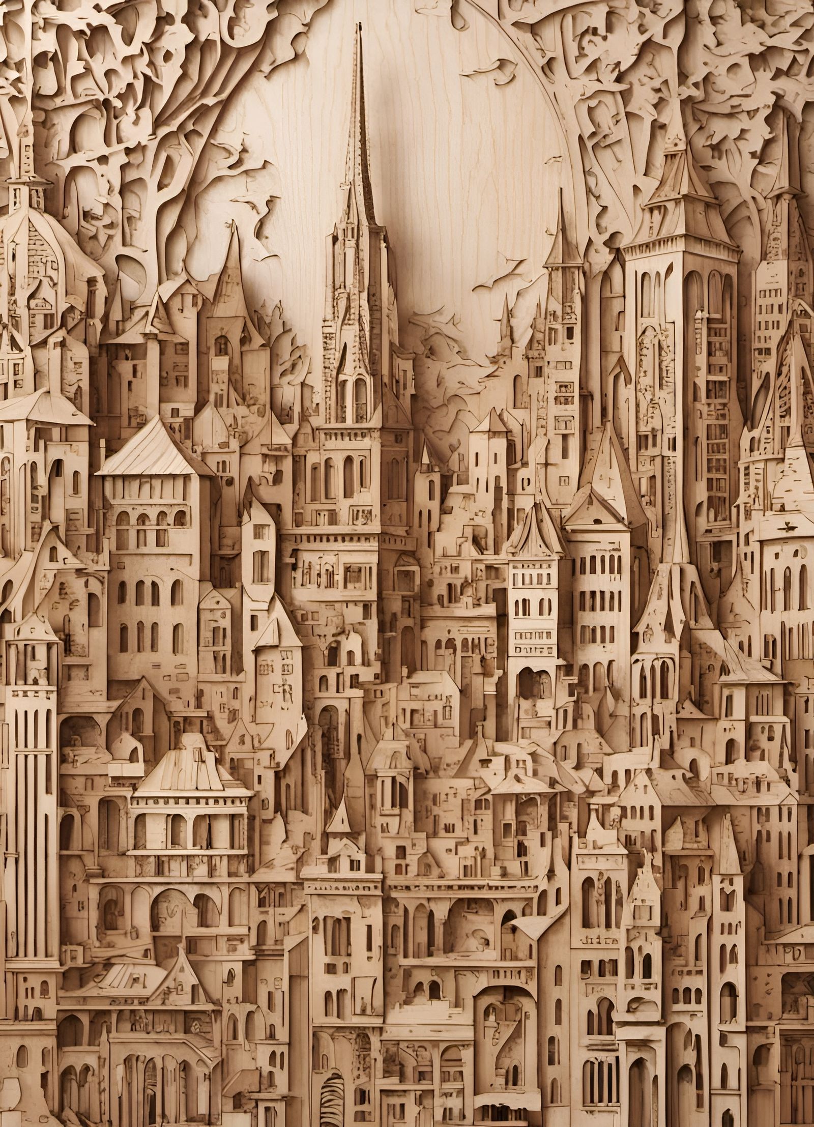 Intricate Wooden Cityscape Sculpture Inspired by Burgkmair