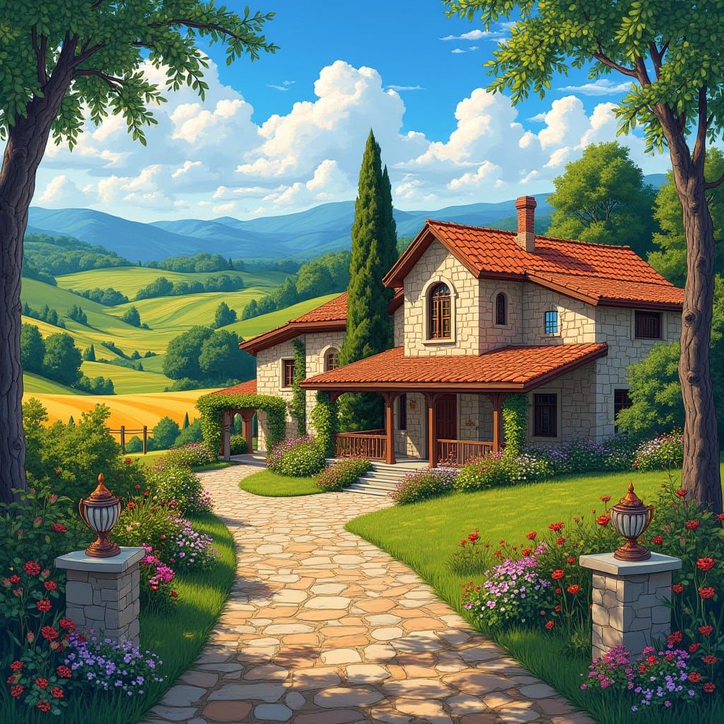 Cozy Farmhouse in Vibrant Stained Glass Mosaic