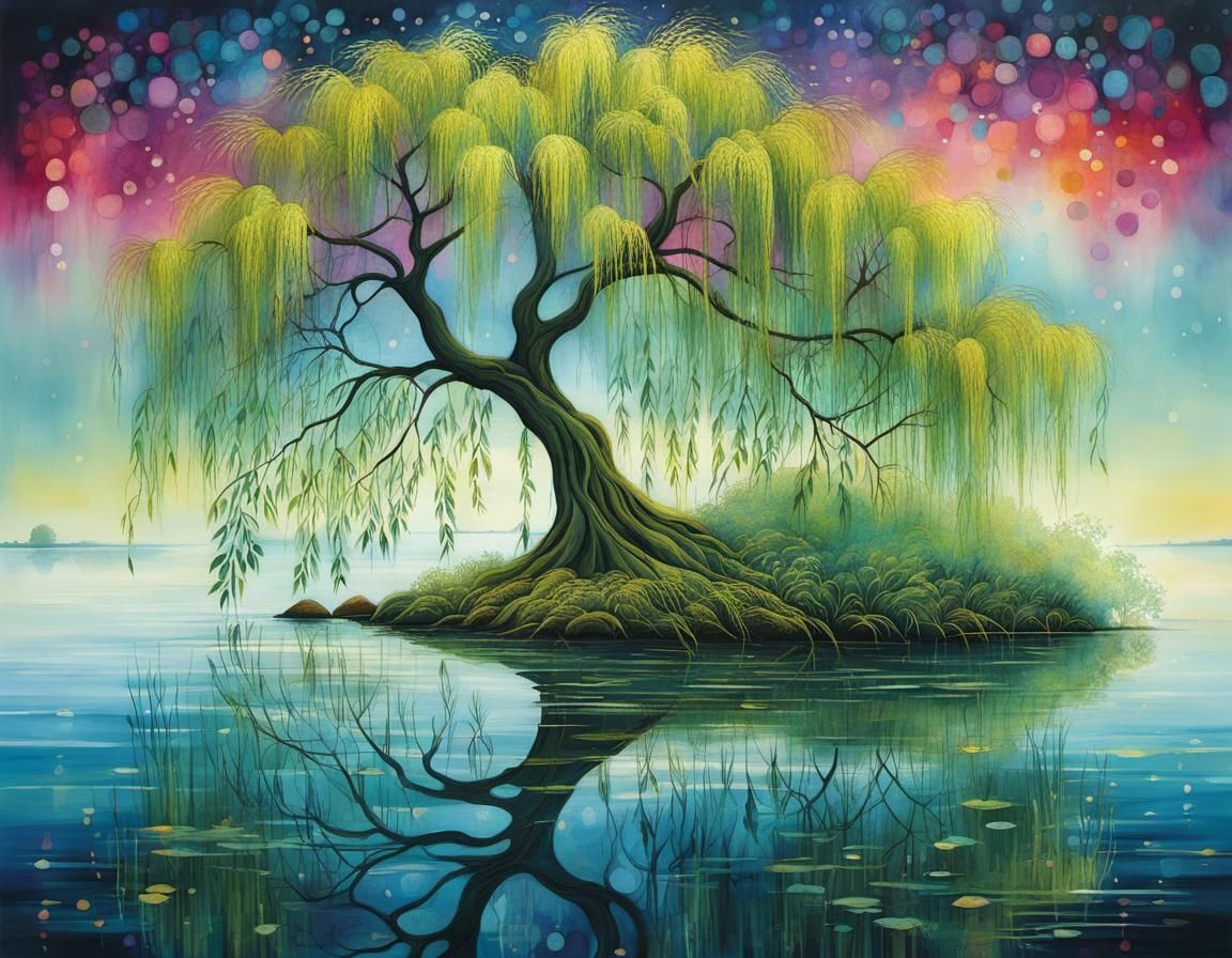 Whimsical Weeping Willow Illustration with Cubist Details